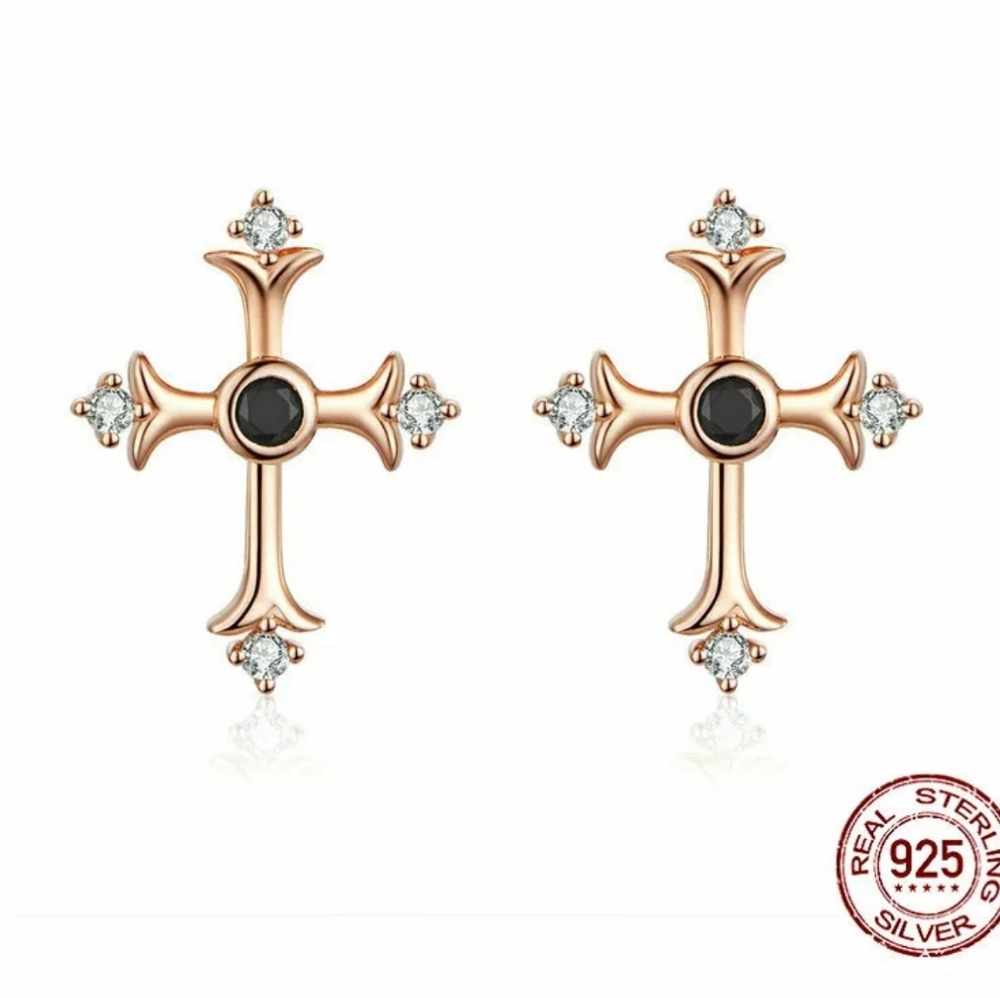 Rose gold cross with Onyx & Topaz earrings